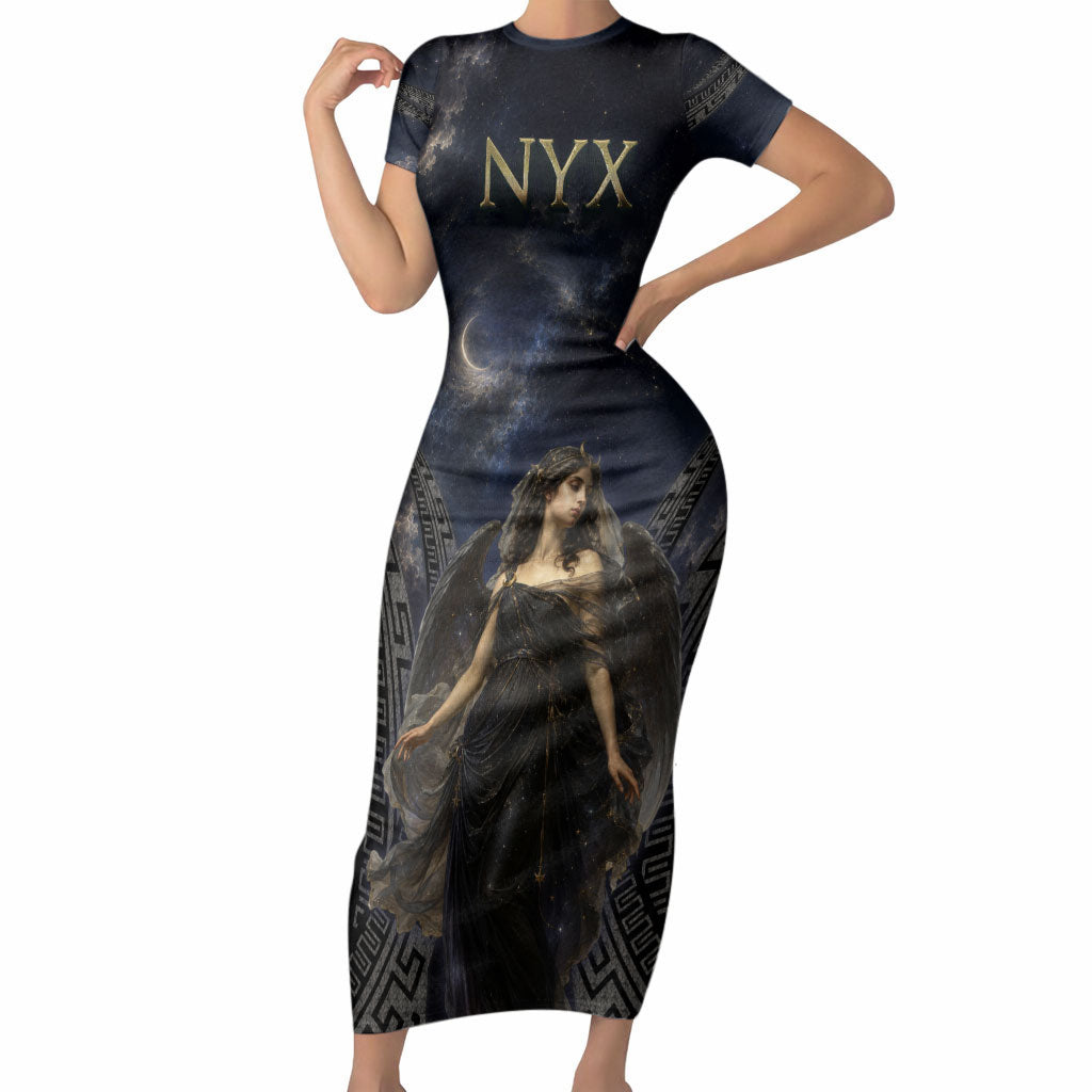 Greek Mythology Nyx Short Sleeve Bodycon Dress Celestial Starry Night Classical Art Greek Key
