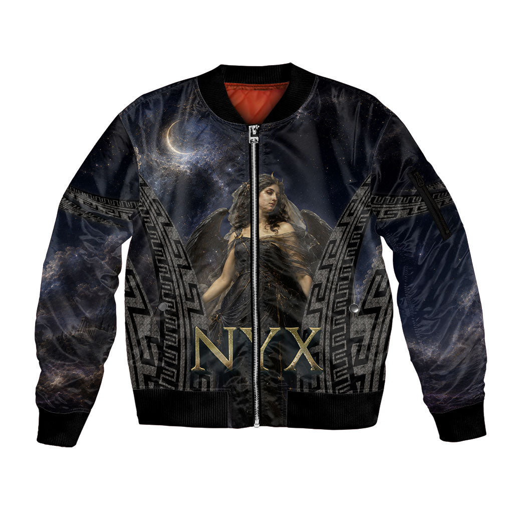 Greek Mythology Nyx Sleeve Zip Bomber Jacket Celestial Starry Night Classical Art Greek Key