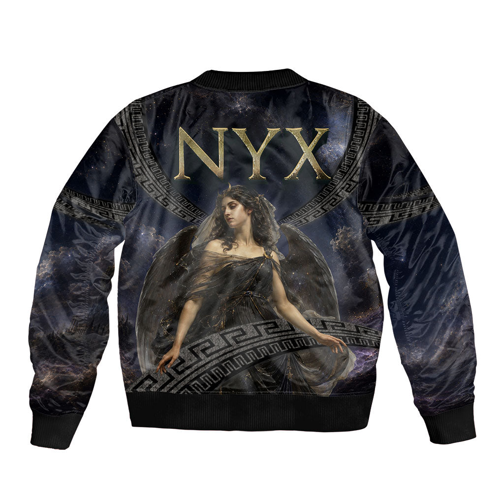 Greek Mythology Nyx Sleeve Zip Bomber Jacket Celestial Starry Night Classical Art Greek Key