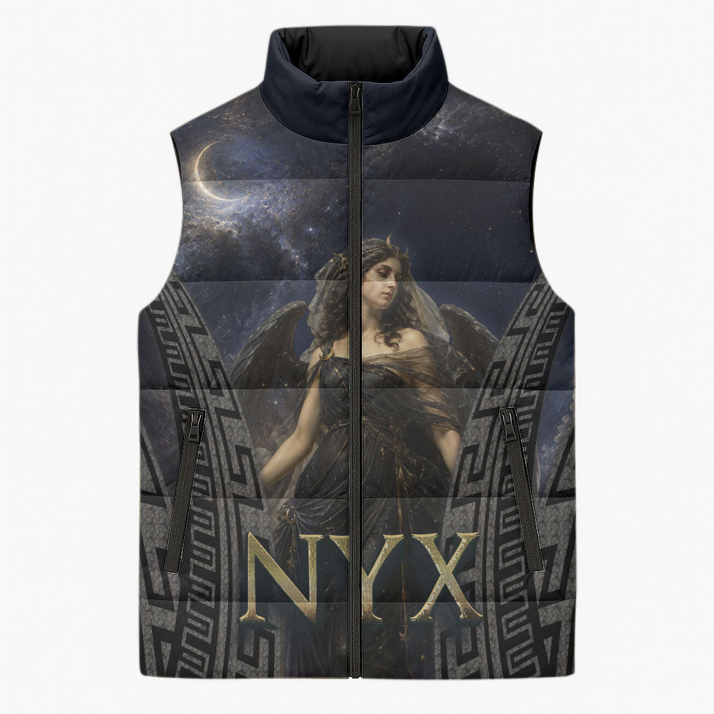 Greek Mythology Nyx Sleeveless Puffer Jacket Celestial Starry Night Classical Art Greek Key