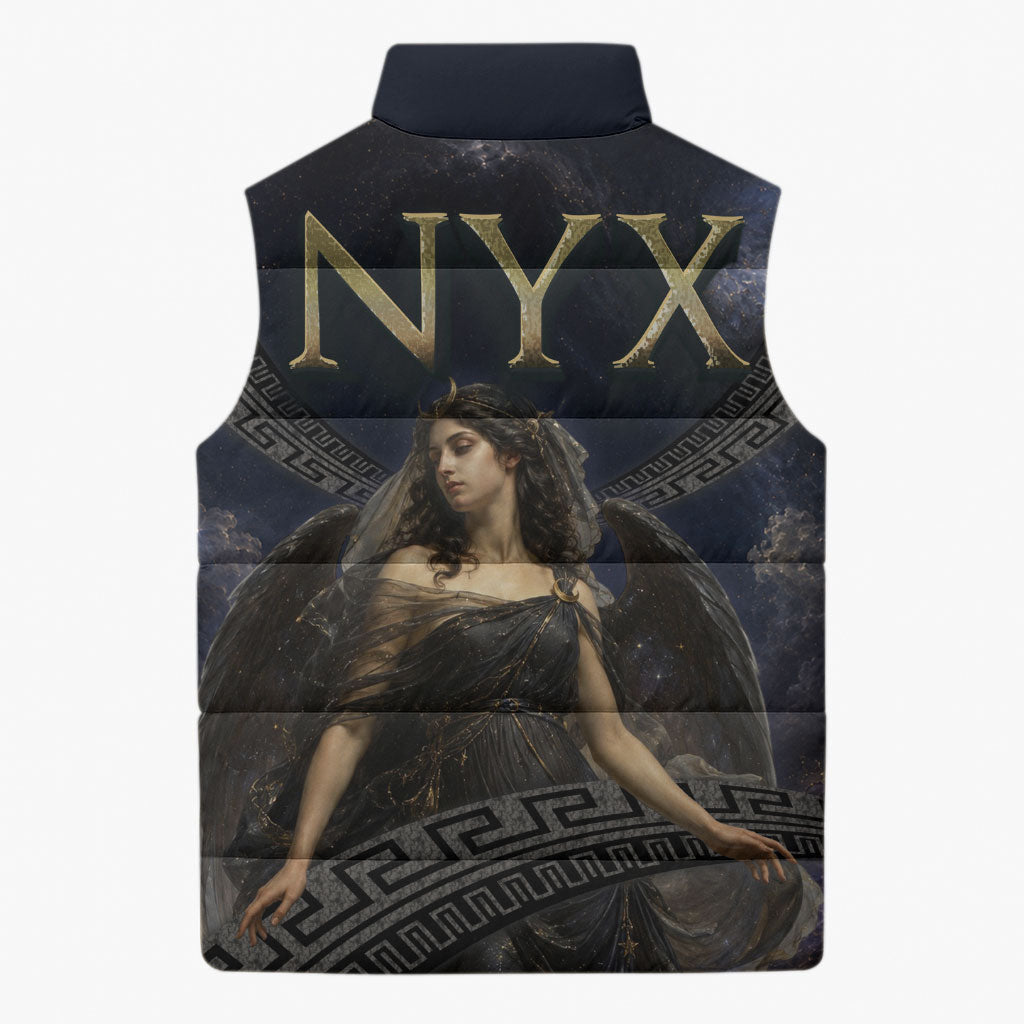 Greek Mythology Nyx Sleeveless Puffer Jacket Celestial Starry Night Classical Art Greek Key