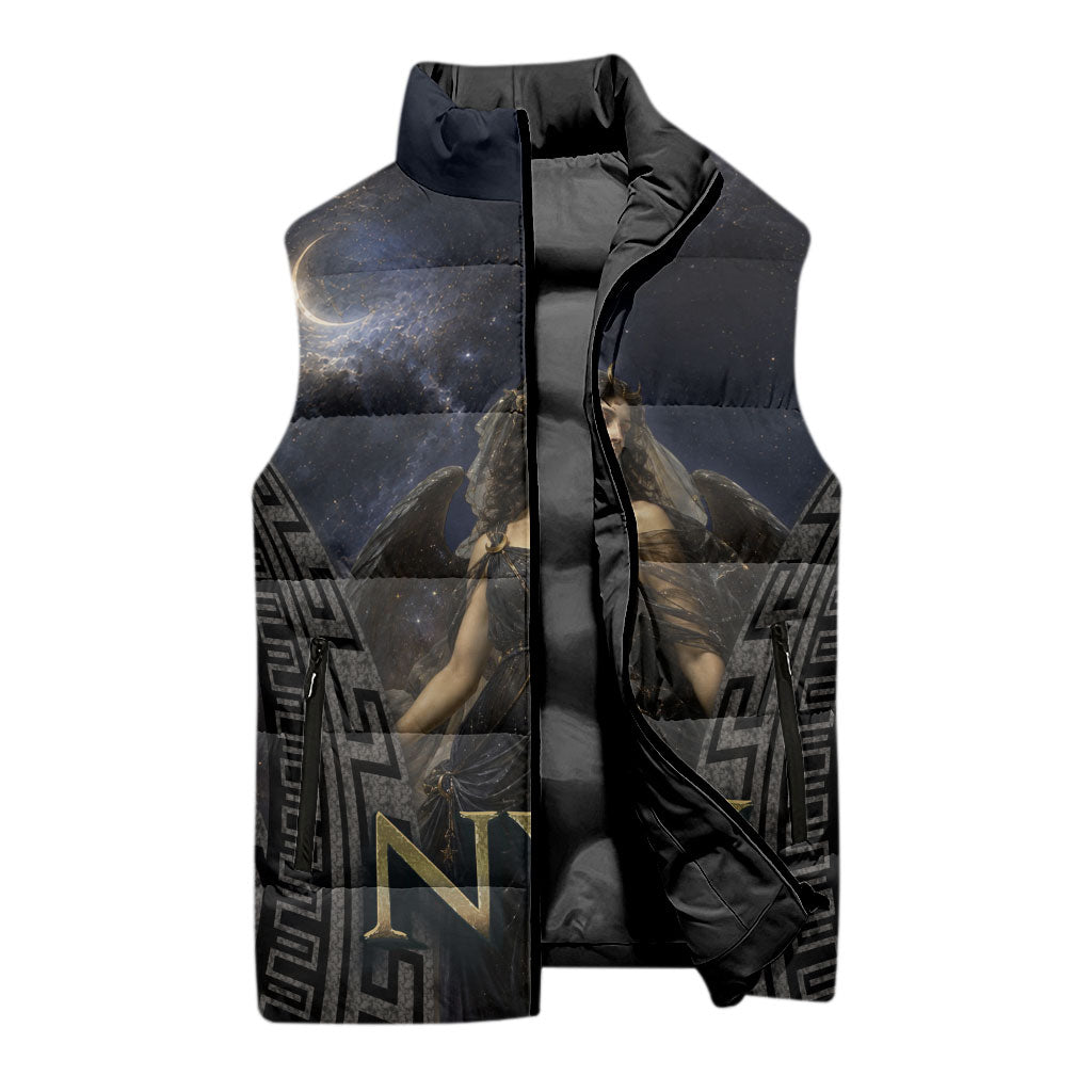 Greek Mythology Nyx Sleeveless Puffer Jacket Celestial Starry Night Classical Art Greek Key