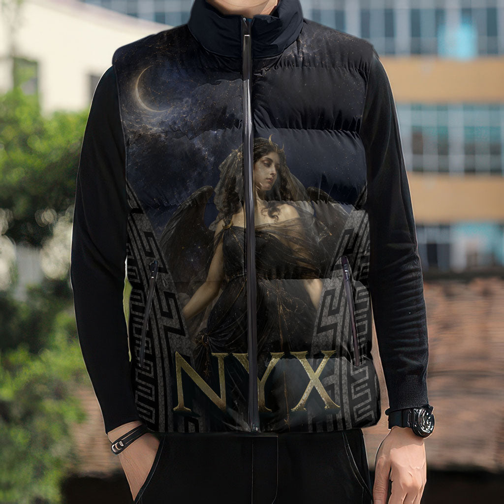 Greek Mythology Nyx Sleeveless Puffer Jacket Celestial Starry Night Classical Art Greek Key