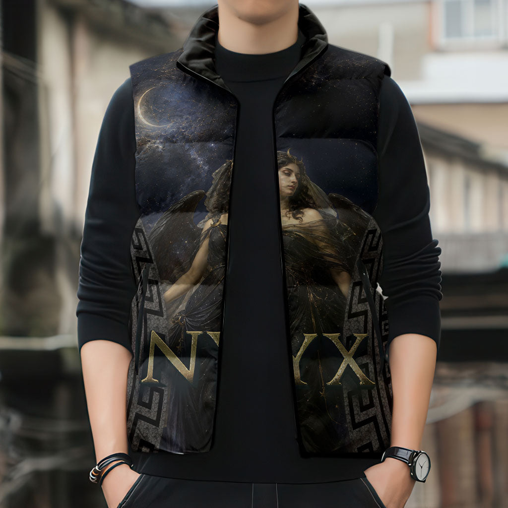 Greek Mythology Nyx Sleeveless Puffer Jacket Celestial Starry Night Classical Art Greek Key