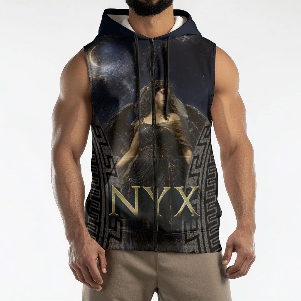 Greek Mythology Nyx Sleeveless Zip Hoodie Celestial Starry Night Classical Art Greek Key