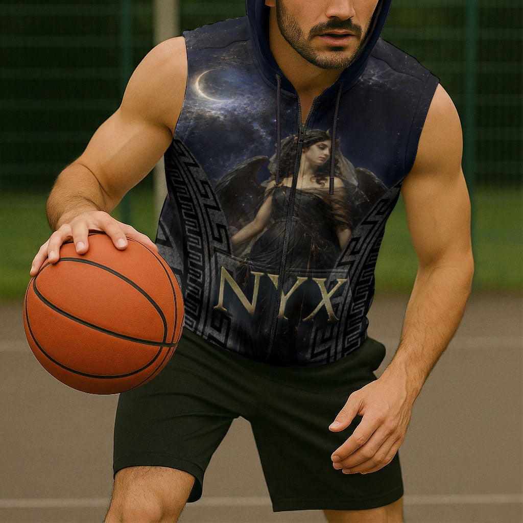 Greek Mythology Nyx Sleeveless Zip Hoodie Celestial Starry Night Classical Art Greek Key