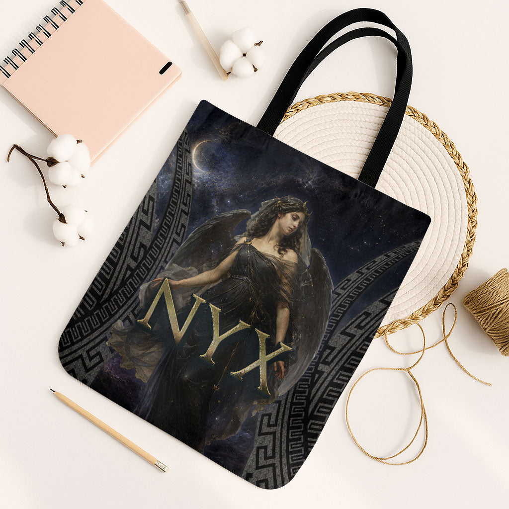 Greek Mythology Nyx Tote Bag Celestial Starry Night Classical Art Greek Key