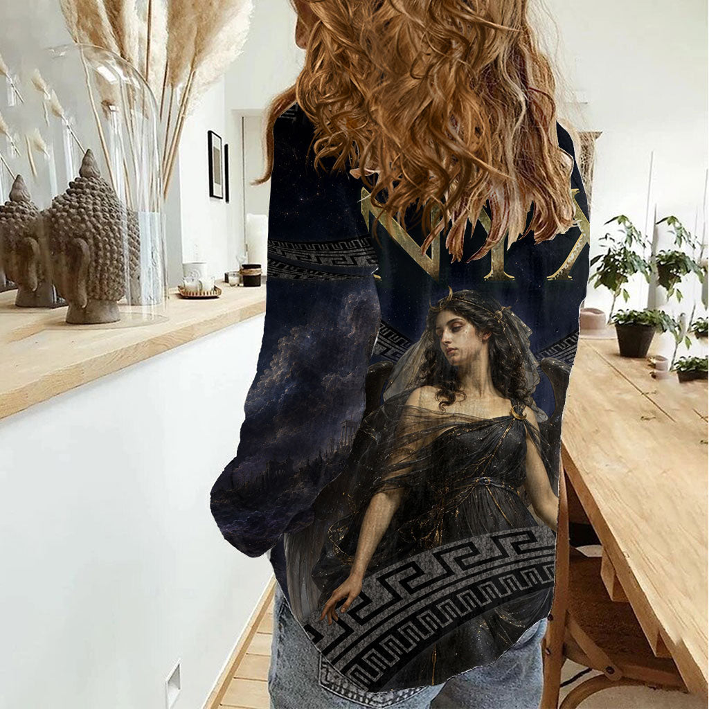 Greek Mythology Nyx Women Casual Shirt Celestial Starry Night Classical Art Greek Key