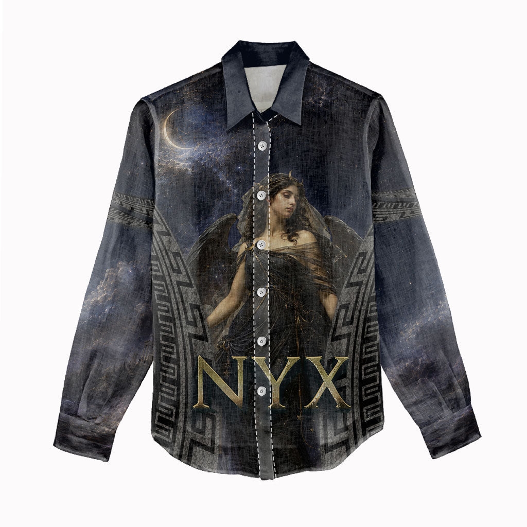 Greek Mythology Nyx Women Casual Shirt Celestial Starry Night Classical Art Greek Key