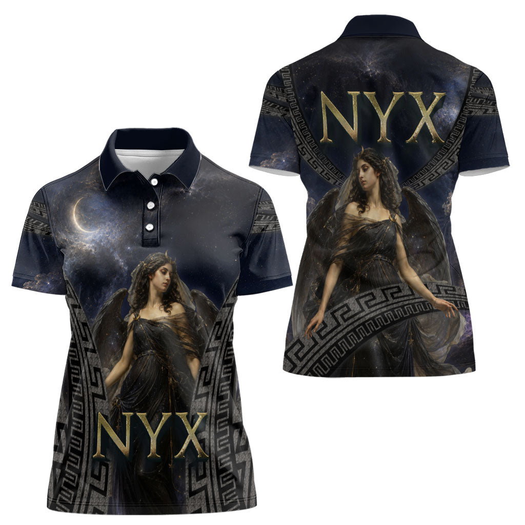 Greek Mythology Nyx Women Polo Shirt Celestial Starry Night Classical Art Greek Key