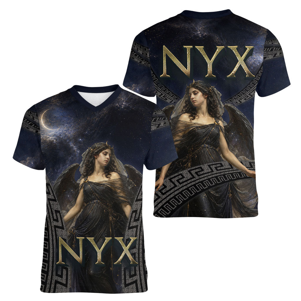 Greek Mythology Nyx Women V-Neck T-Shirt Celestial Starry Night Classical Art Greek Key