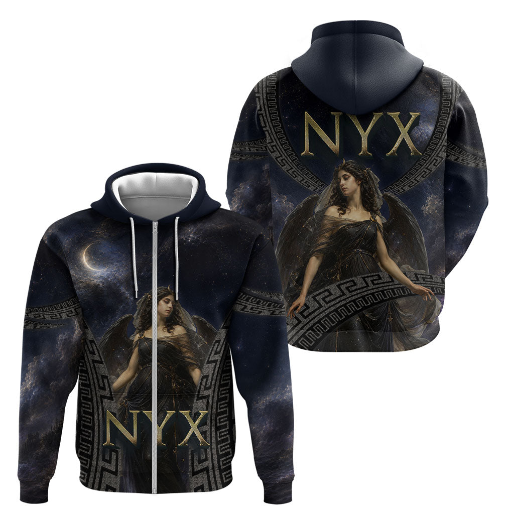 Greek Mythology Nyx Zip Hoodie Celestial Starry Night Classical Art Greek Key