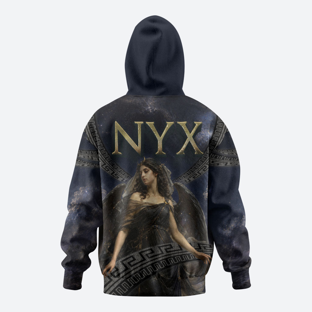 Greek Mythology Nyx Zip Hoodie Celestial Starry Night Classical Art Greek Key
