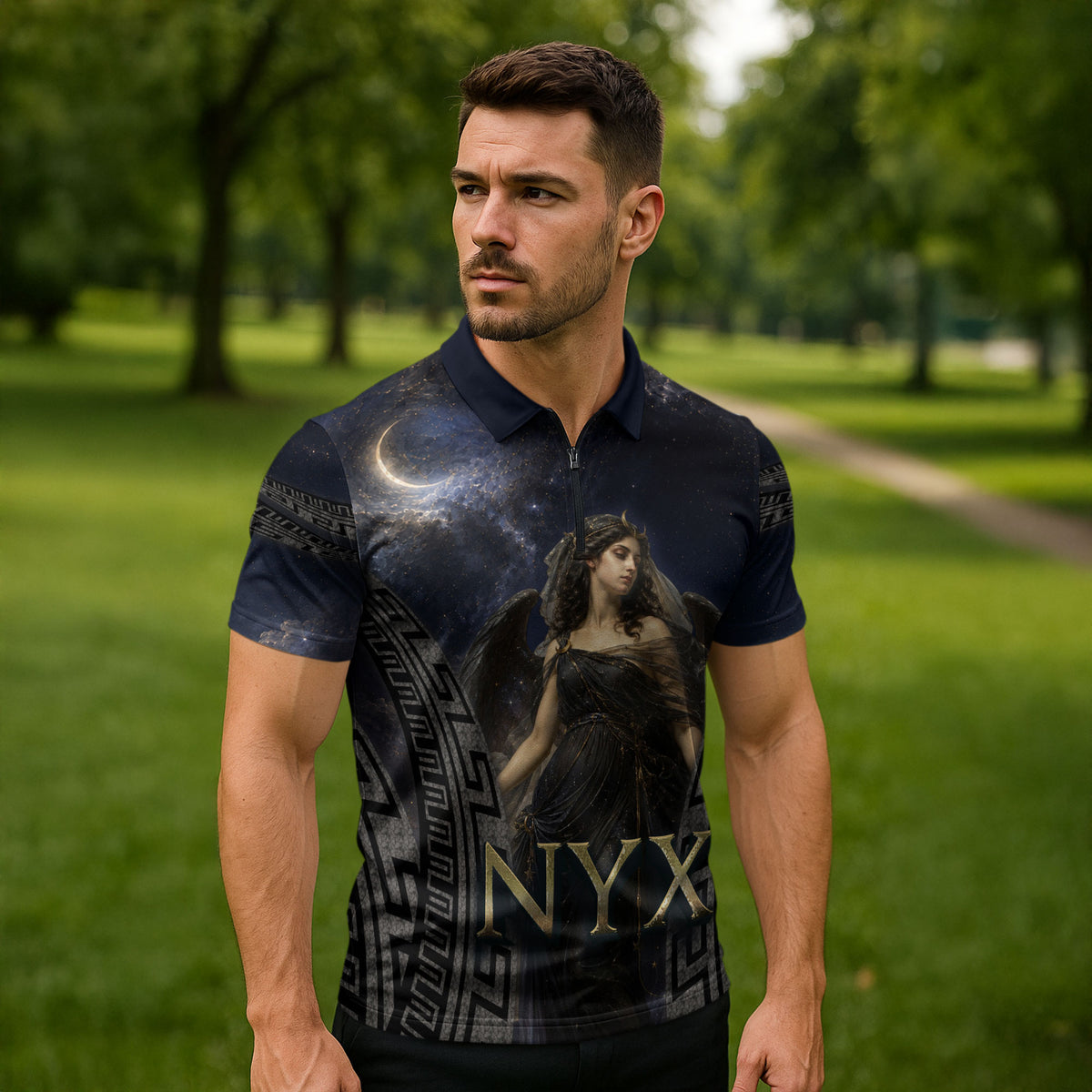 Greek Mythology Nyx Zipper Polo Shirt Celestial Starry Night Classical Art Greek Key