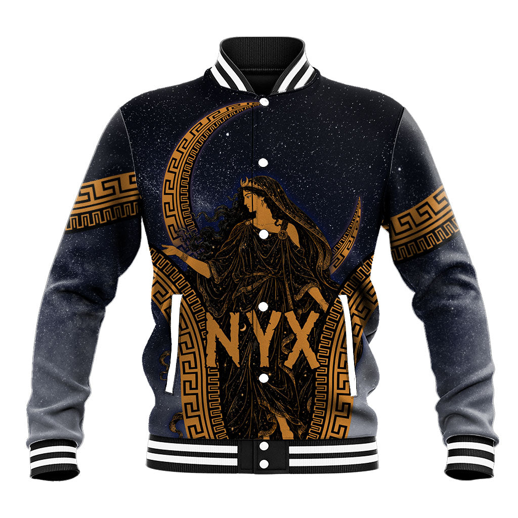 Greek Mythology Nyx Baseball Jacket Starry Night Classical Art Greek Key Pattern