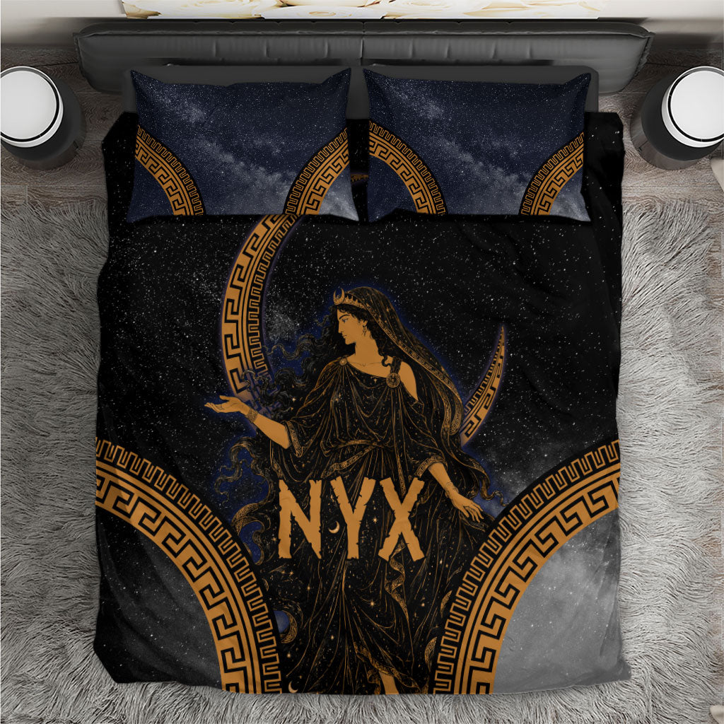 Greek Mythology Nyx Bedding Set Starry Night Classical Art Greek Key Pattern