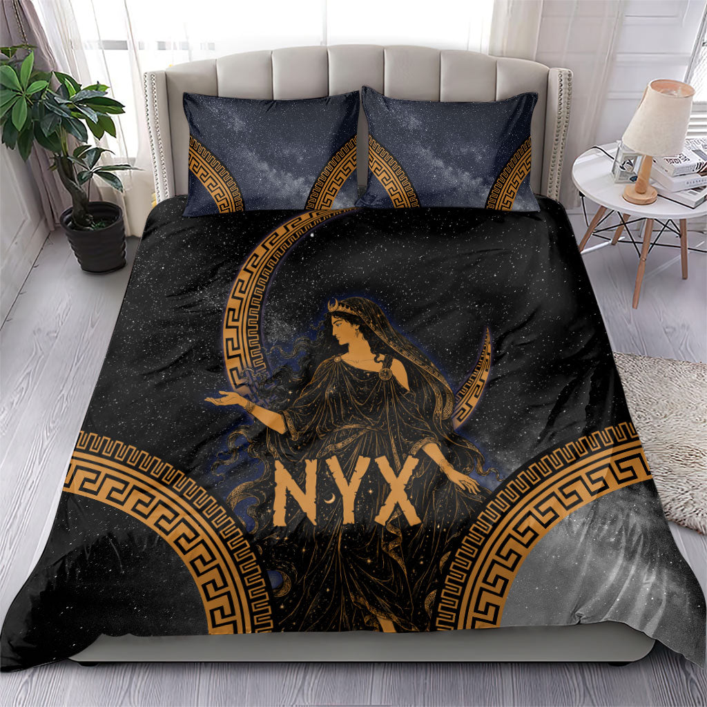 Greek Mythology Nyx Bedding Set Starry Night Classical Art Greek Key Pattern
