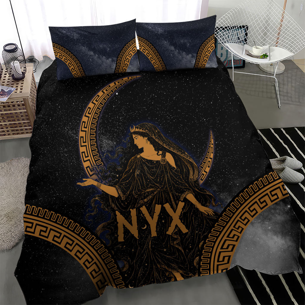 Greek Mythology Nyx Bedding Set Starry Night Classical Art Greek Key Pattern
