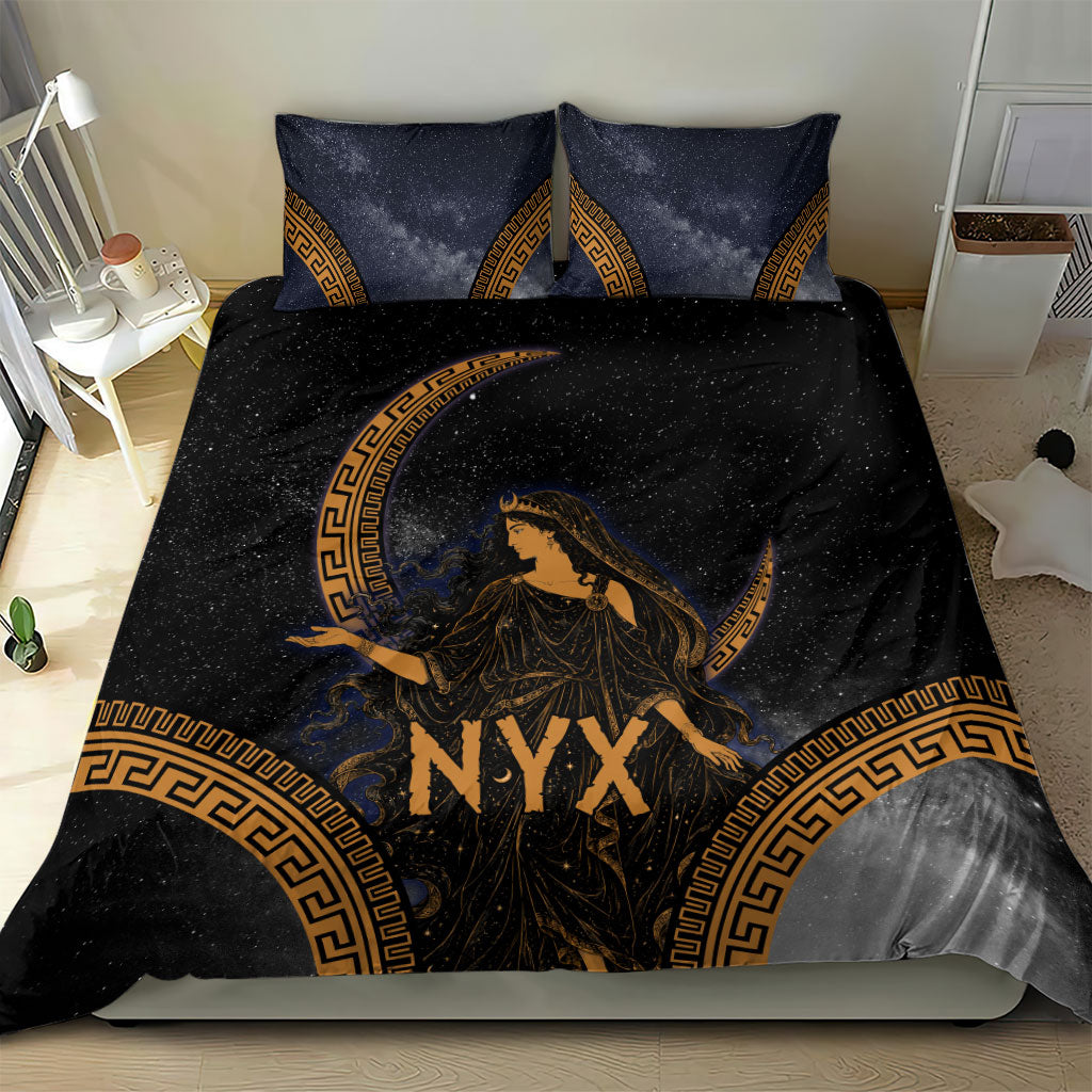 Greek Mythology Nyx Bedding Set Starry Night Classical Art Greek Key Pattern