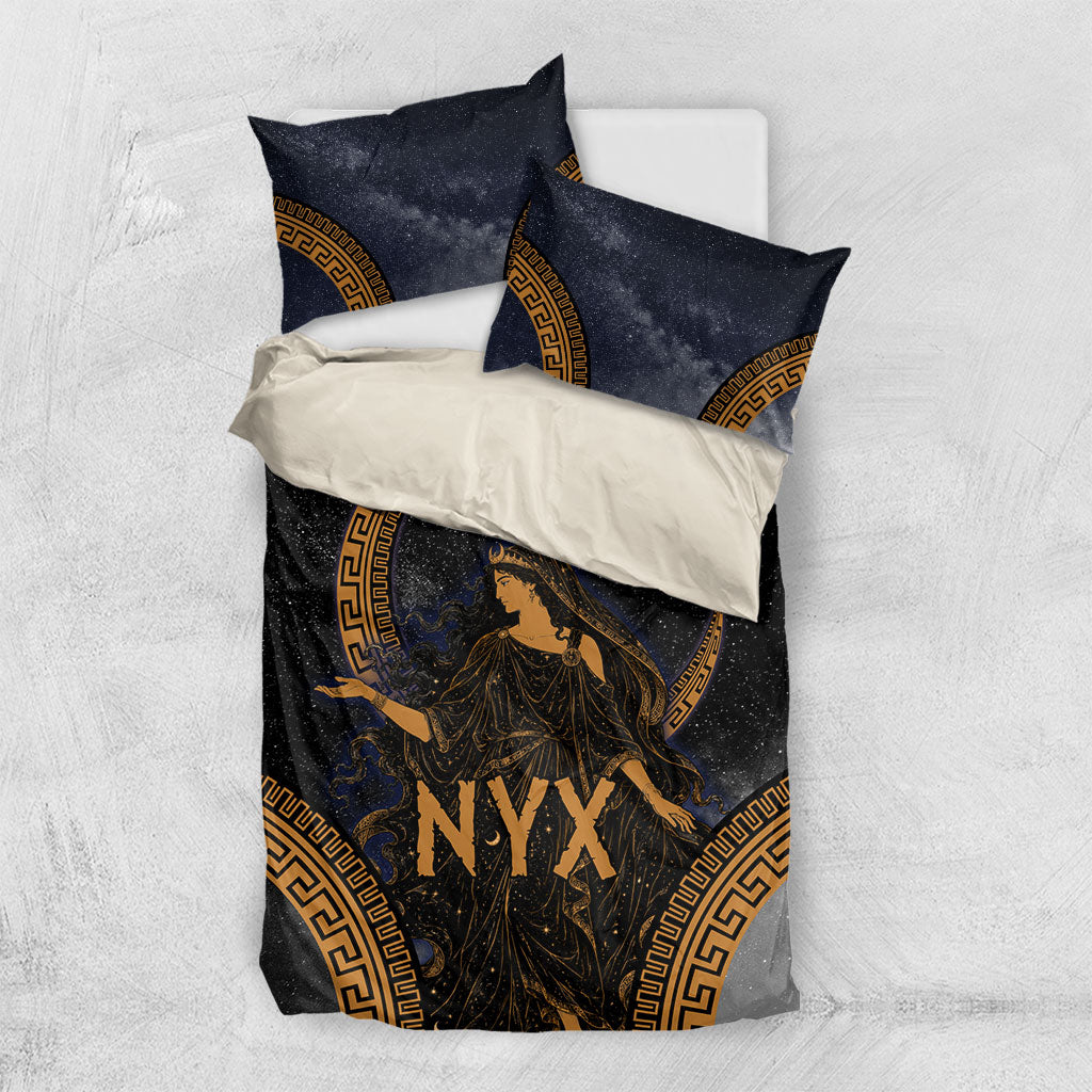 Greek Mythology Nyx Bedding Set Starry Night Classical Art Greek Key Pattern