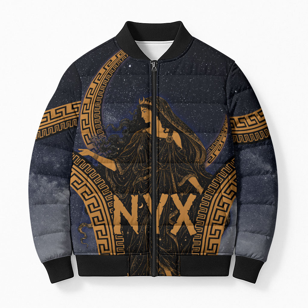 Greek Mythology Nyx Bomber Puffer Jacket Starry Night Classical Art Greek Key Pattern