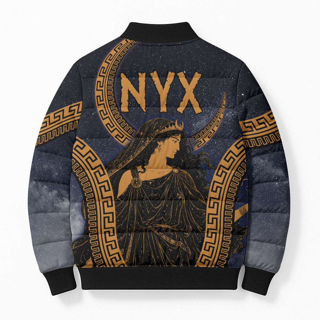 Greek Mythology Nyx Bomber Puffer Jacket Starry Night Classical Art Greek Key Pattern