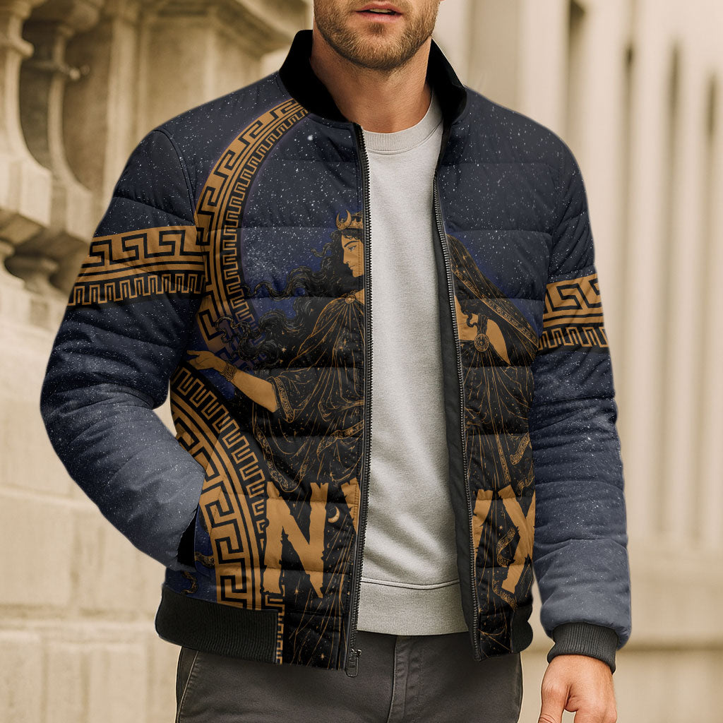 Greek Mythology Nyx Bomber Puffer Jacket Starry Night Classical Art Greek Key Pattern