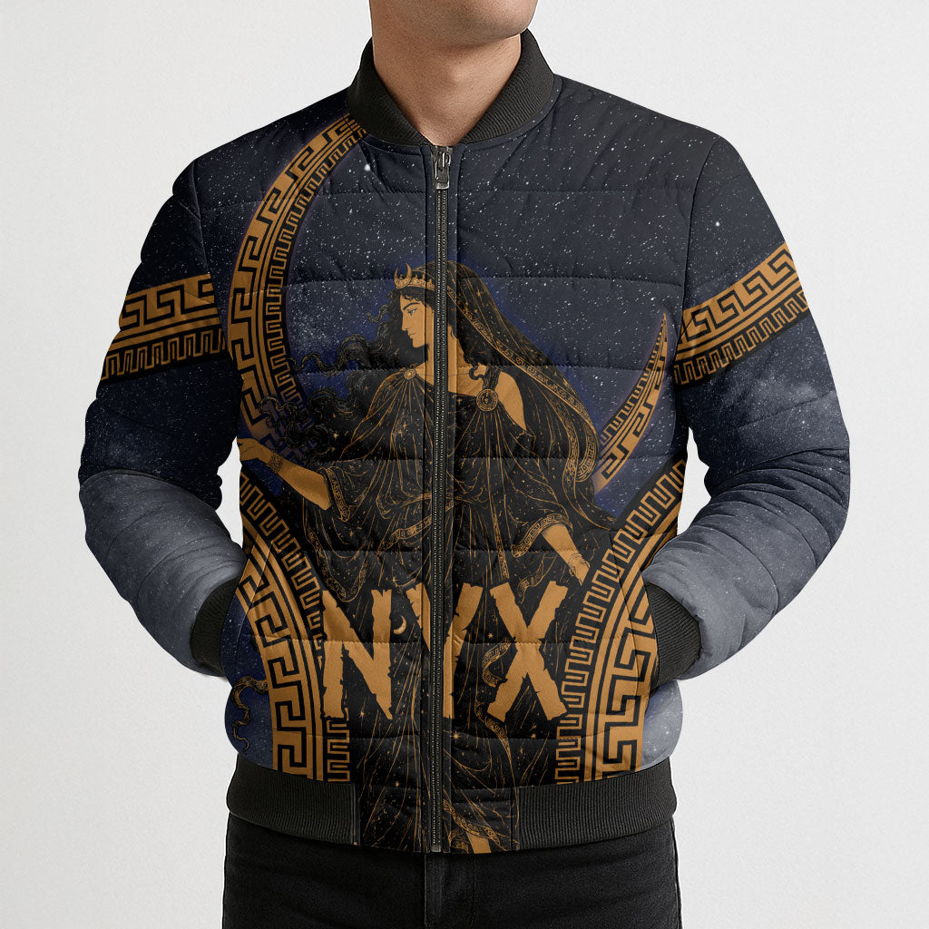 Greek Mythology Nyx Bomber Puffer Jacket Starry Night Classical Art Greek Key Pattern