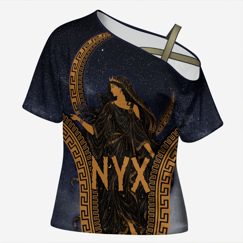 Greek Mythology Nyx Cross Shoulder Shirt Starry Night Classical Art Greek Key Pattern