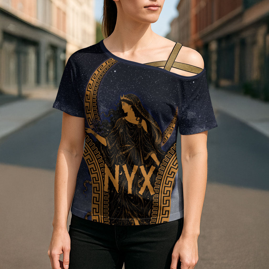Greek Mythology Nyx Cross Shoulder Shirt Starry Night Classical Art Greek Key Pattern