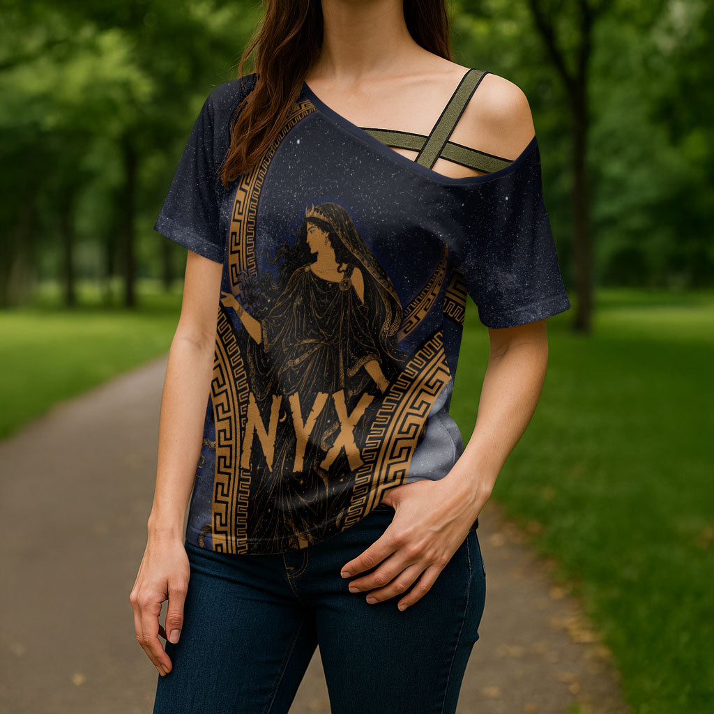 Greek Mythology Nyx Cross Shoulder Shirt Starry Night Classical Art Greek Key Pattern