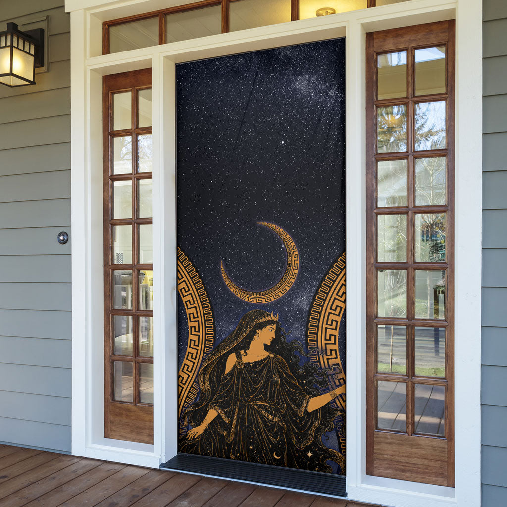 Greek Mythology Nyx Door Cover Starry Night Classical Art Greek Key Pattern