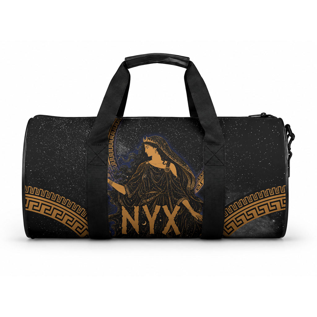 Greek Mythology Nyx Duffle Bag Starry Night Classical Art Greek Key Pattern