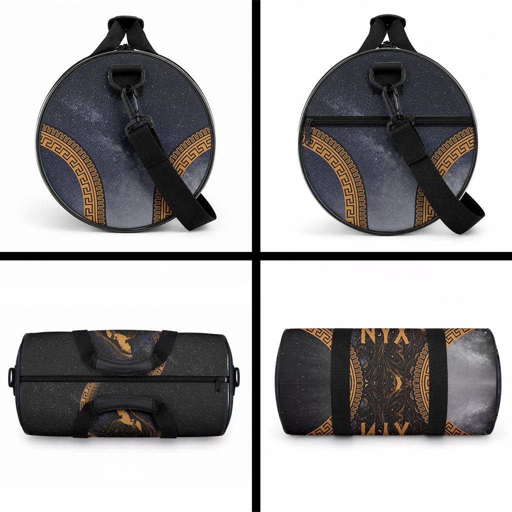 Greek Mythology Nyx Duffle Bag Starry Night Classical Art Greek Key Pattern