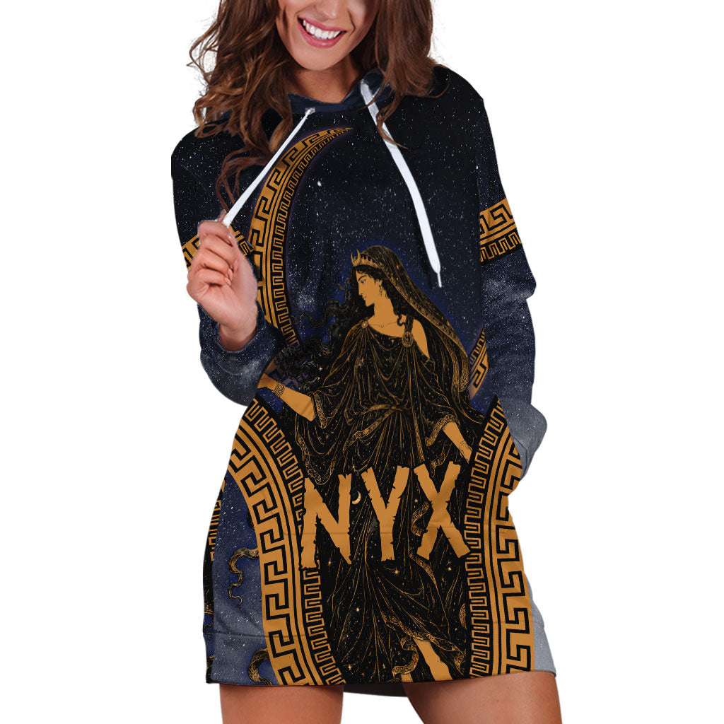 Greek Mythology Nyx Hoodie Dress Starry Night Classical Art Greek Key Pattern