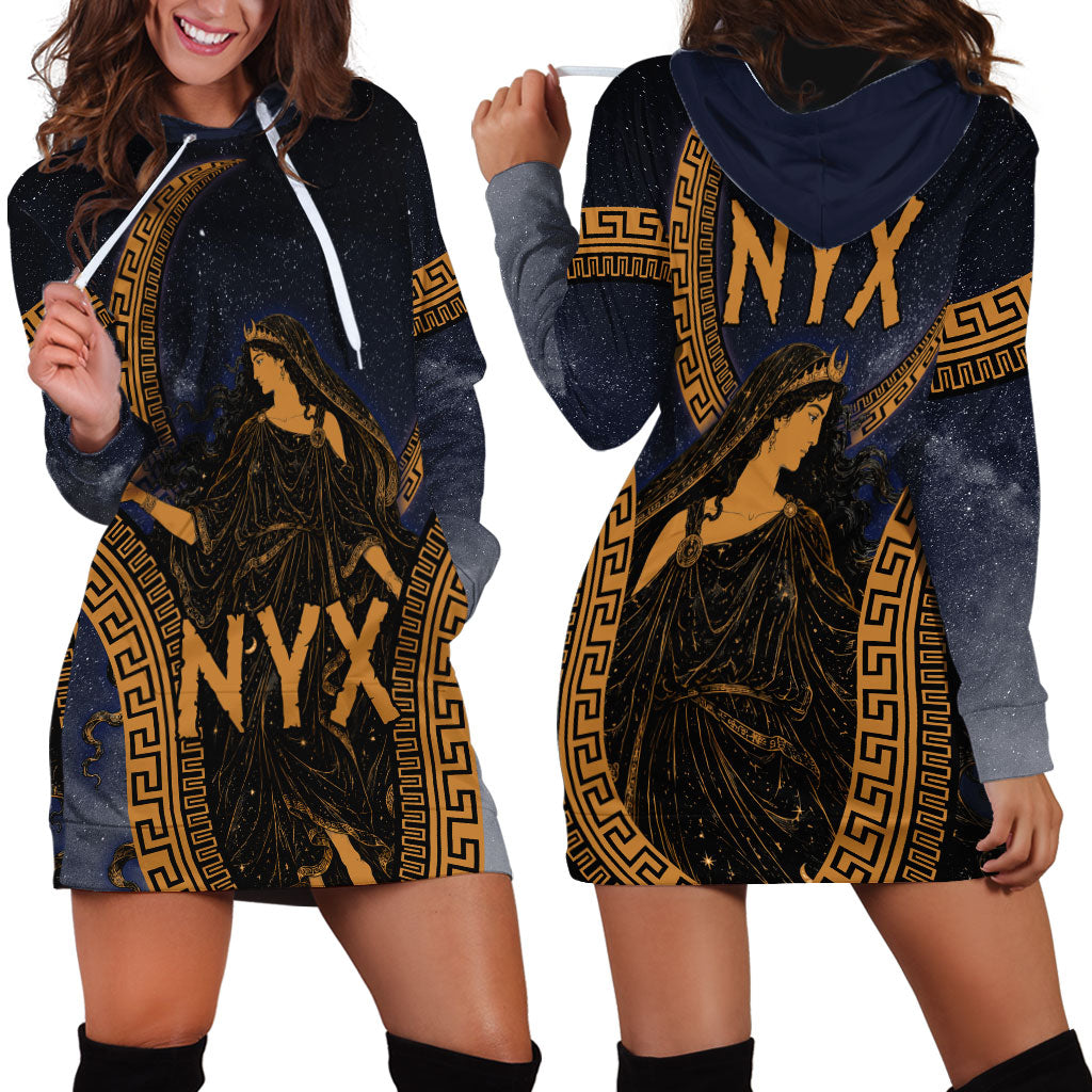 Greek Mythology Nyx Hoodie Dress Starry Night Classical Art Greek Key Pattern
