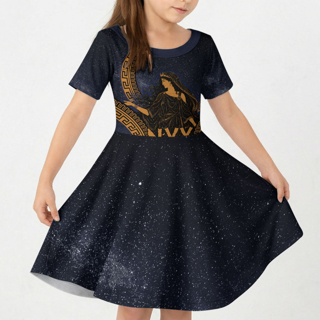 Greek Mythology Nyx Kid Short Sleeve Dress Starry Night Classical Art Greek Key Pattern