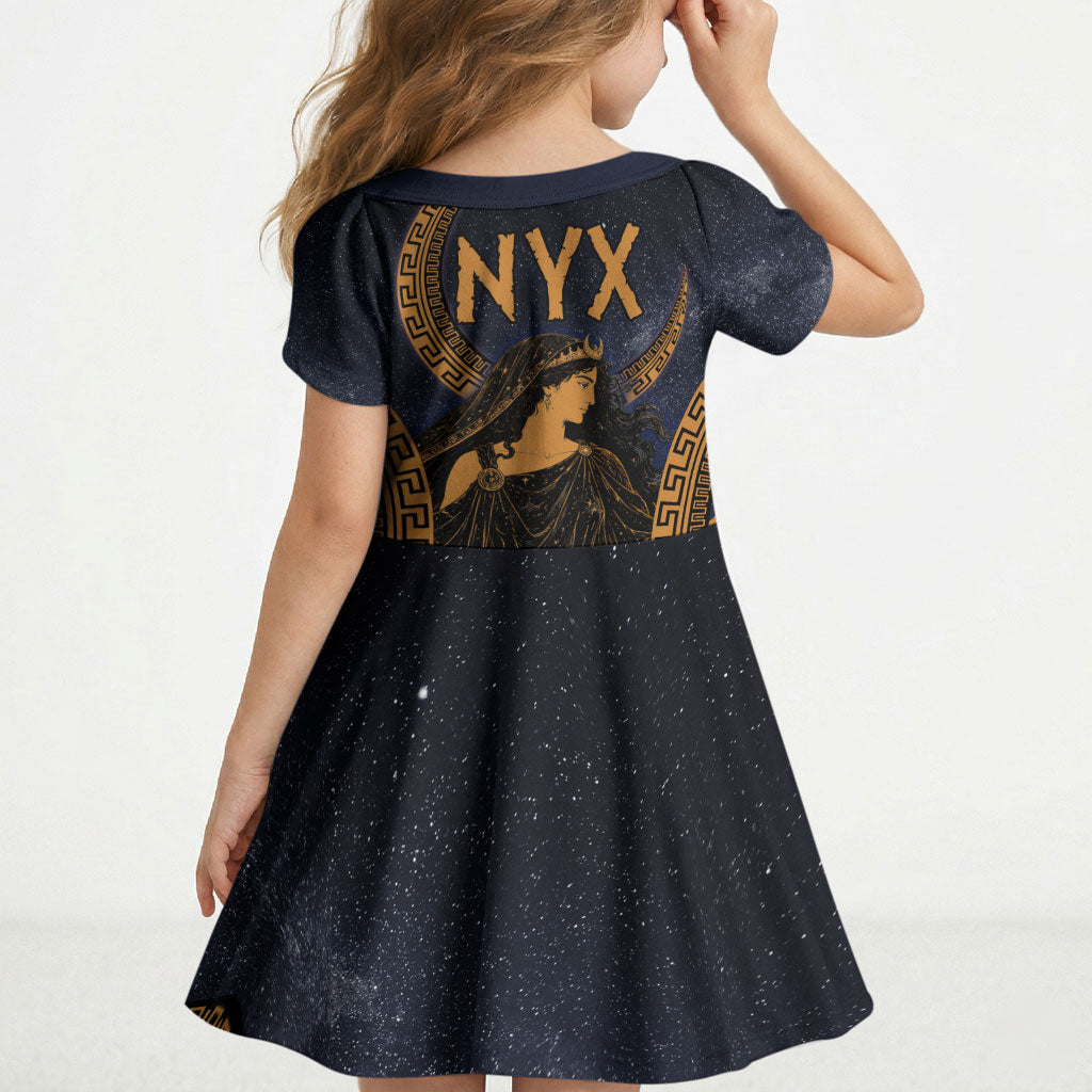 Greek Mythology Nyx Kid Short Sleeve Dress Starry Night Classical Art Greek Key Pattern