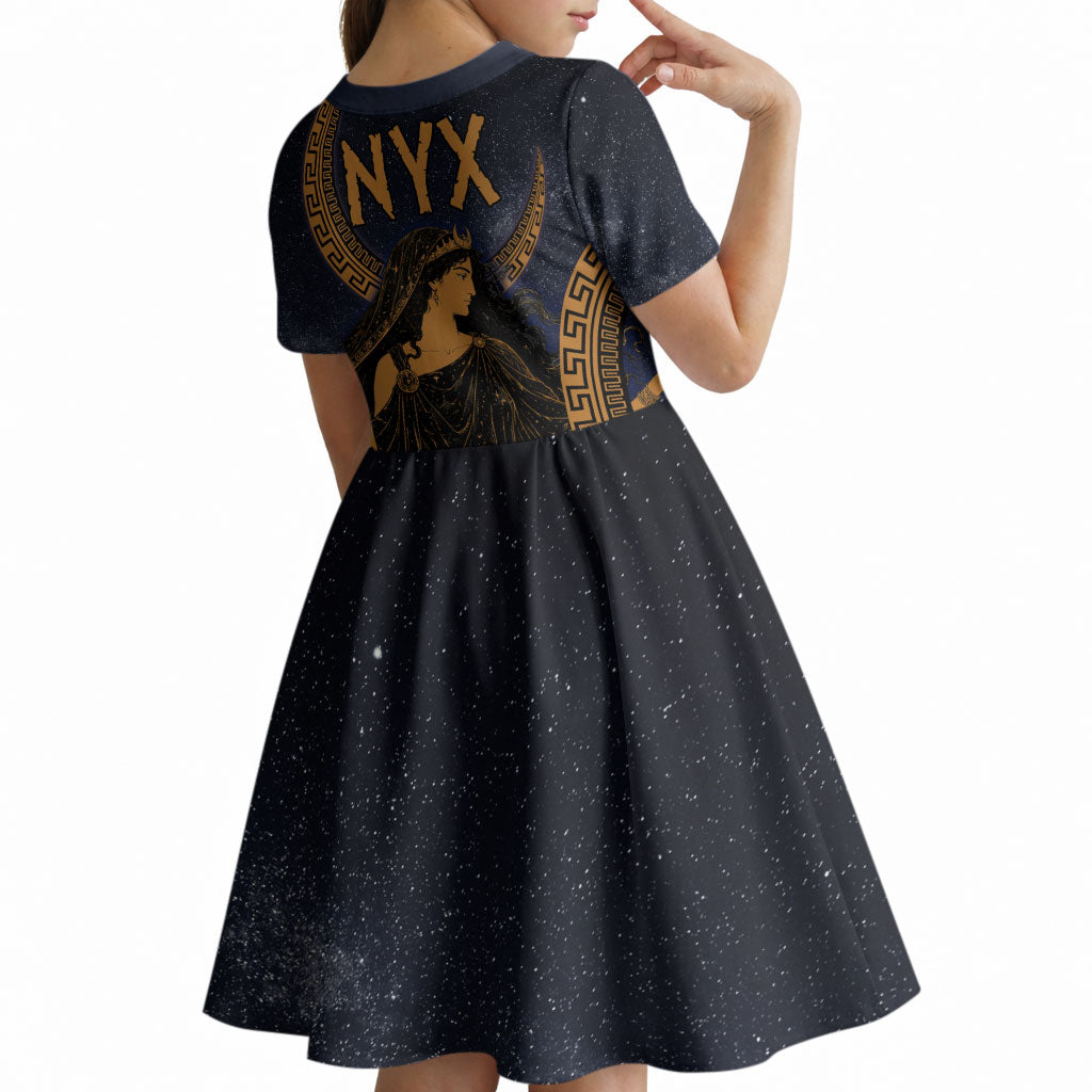 Greek Mythology Nyx Kid Short Sleeve Dress Starry Night Classical Art Greek Key Pattern