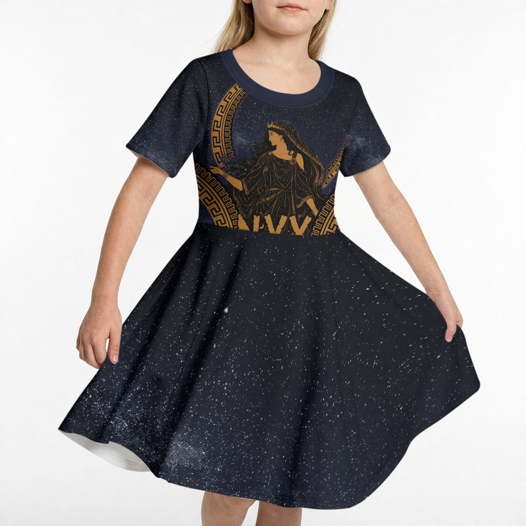Greek Mythology Nyx Kid Short Sleeve Dress Starry Night Classical Art Greek Key Pattern