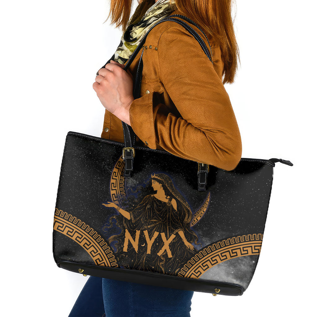 Greek Mythology Nyx Leather Tote Bag Starry Night Classical Art Greek Key Pattern