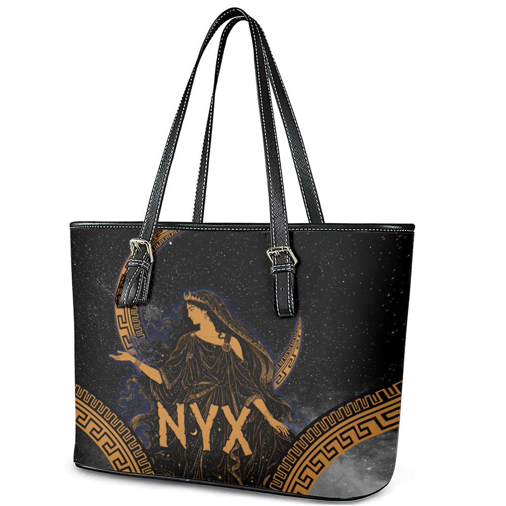 Greek Mythology Nyx Leather Tote Bag Starry Night Classical Art Greek Key Pattern