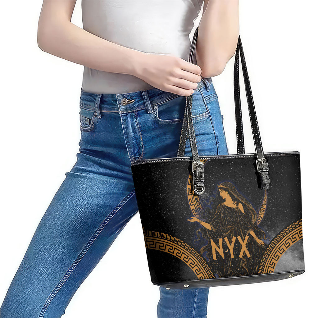 Greek Mythology Nyx Leather Tote Bag Starry Night Classical Art Greek Key Pattern