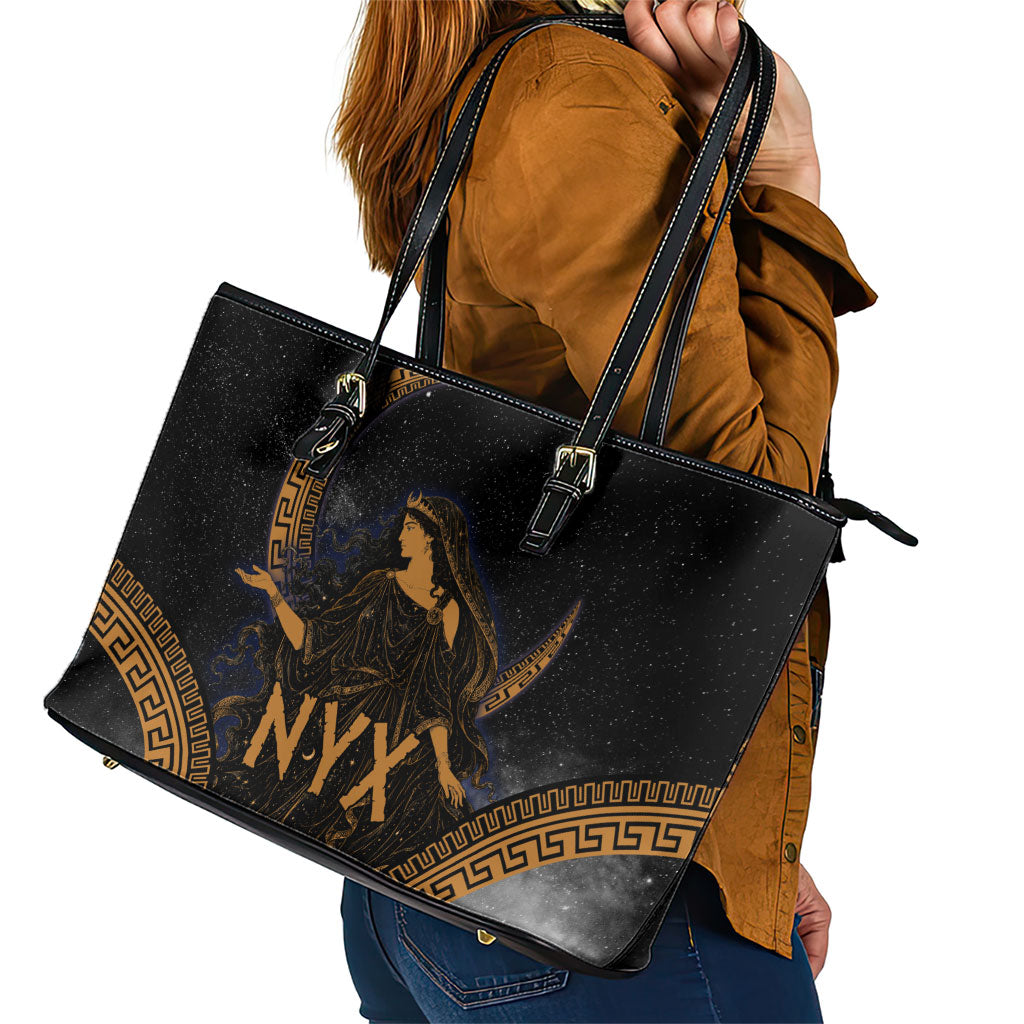 Greek Mythology Nyx Leather Tote Bag Starry Night Classical Art Greek Key Pattern