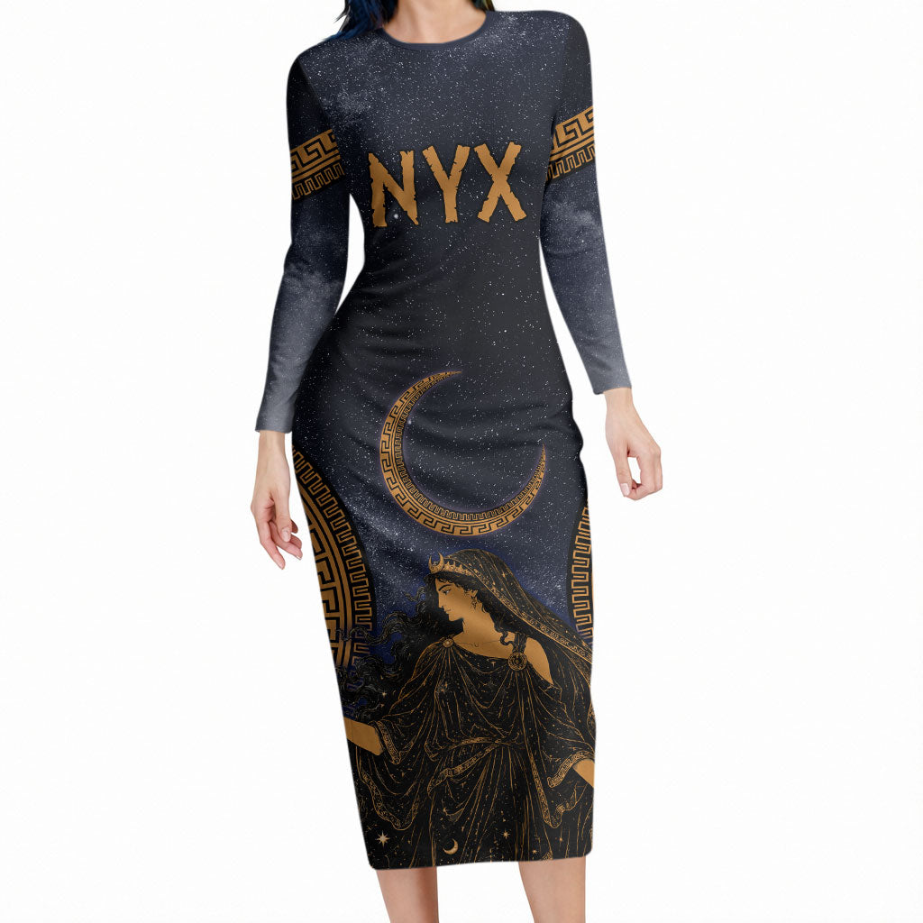 Greek Mythology Nyx Long Sleeve Bodycon Dress Starry Night Classical Art Greek Key Pattern