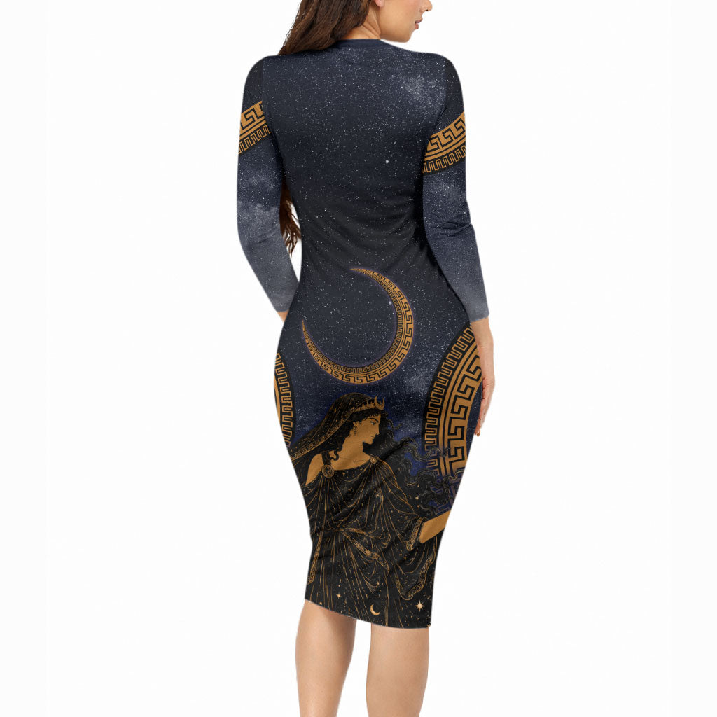 Greek Mythology Nyx Long Sleeve Bodycon Dress Starry Night Classical Art Greek Key Pattern