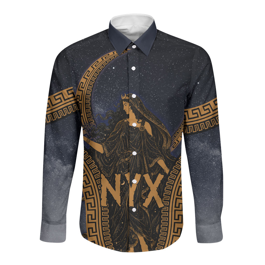 Greek Mythology Nyx Long Sleeve Button Shirt Starry Night Classical Art Greek Key Pattern
