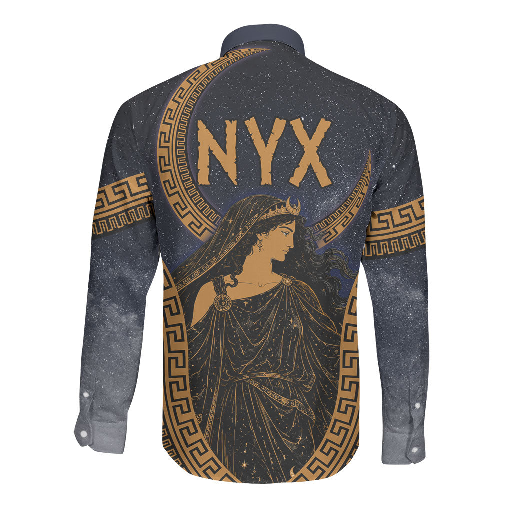 Greek Mythology Nyx Long Sleeve Button Shirt Starry Night Classical Art Greek Key Pattern