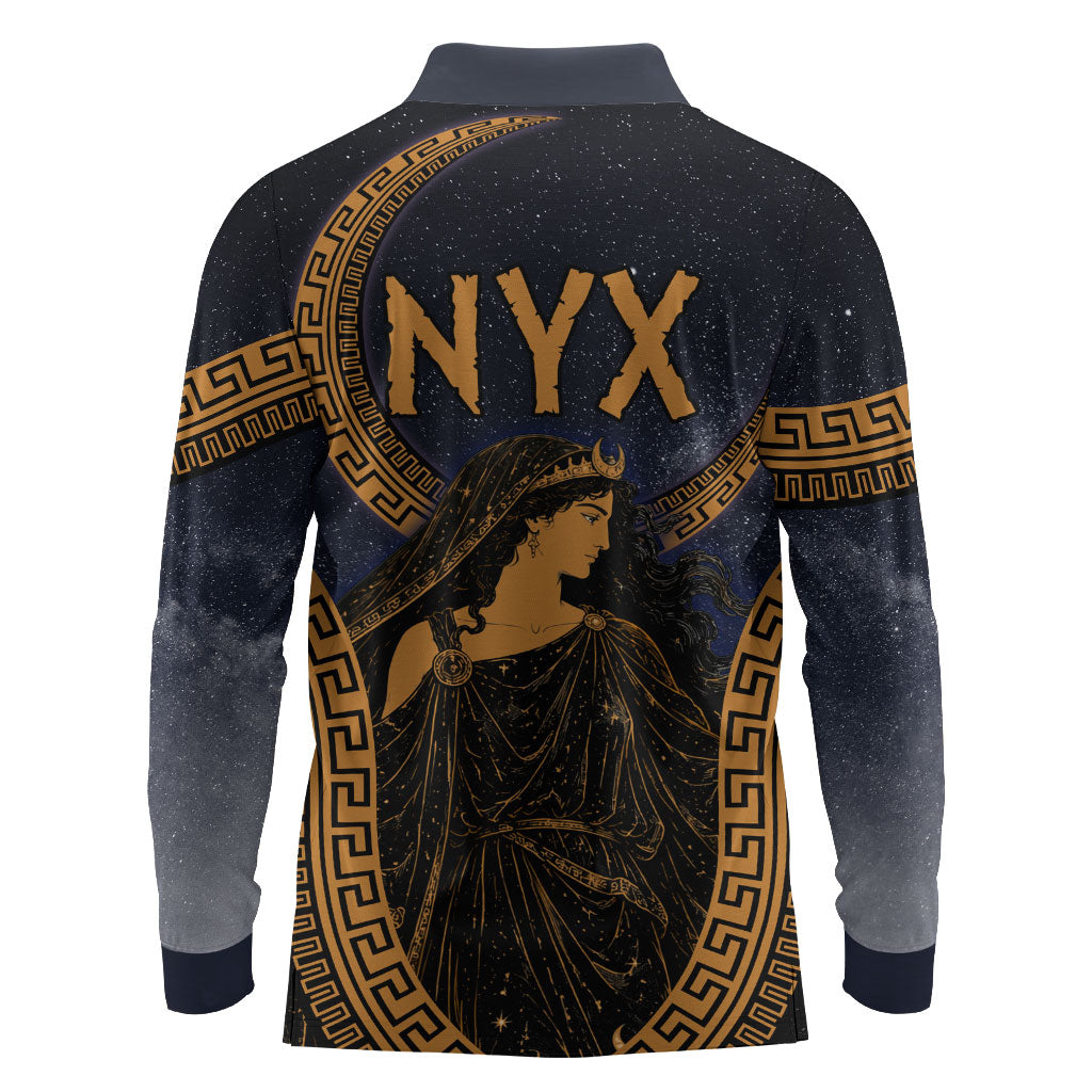 Greek Mythology Nyx Long Sleeve Polo Shirt Starry Night Classical Art Greek Key Pattern