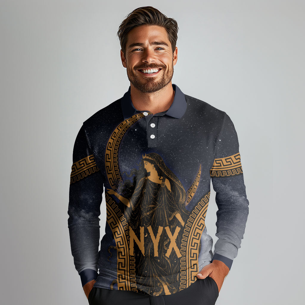 Greek Mythology Nyx Long Sleeve Polo Shirt Starry Night Classical Art Greek Key Pattern